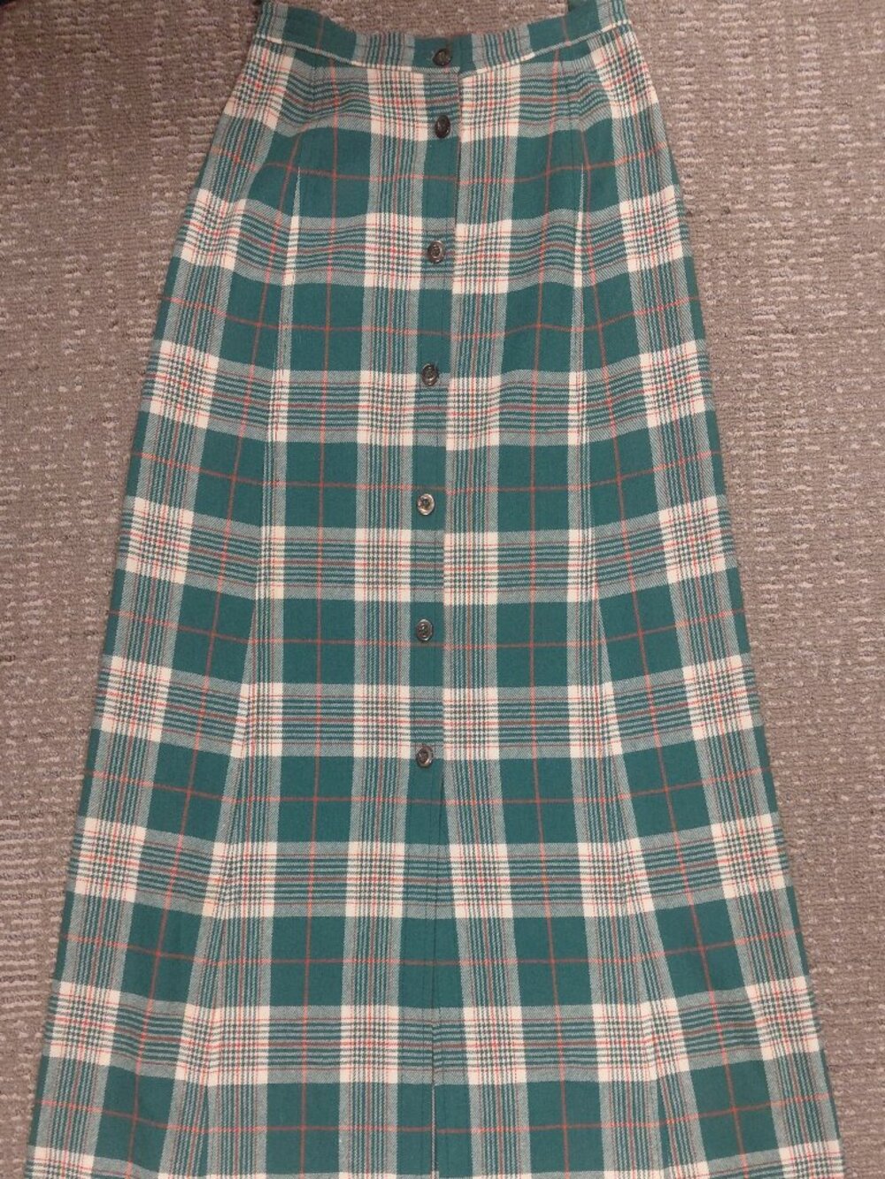 Vintage Pendleton 100% Virgin Wool Plaid Button-Down Maxi Skirt – Green & Cream